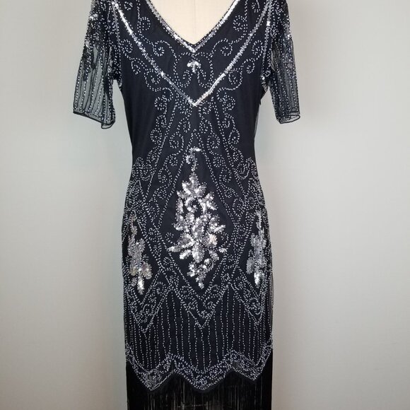 Classic 1920's Style Black Organza Beaded Flapper Style Dress NEW w/Tags Large - Picture 8 of 12